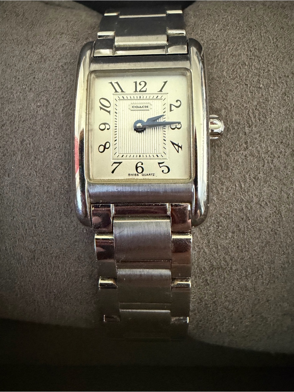 Coach Silver Stainless Steel Rectangular Watch with White face, black dial.
